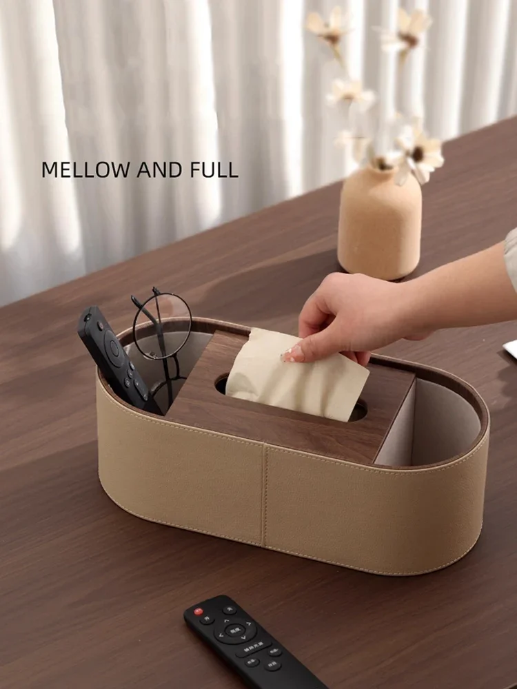 Luxury Walnut Grain Tissue Box | Leather Remote Control Holder & Storage Organizer | Elegant Living Room Decor with Drawer