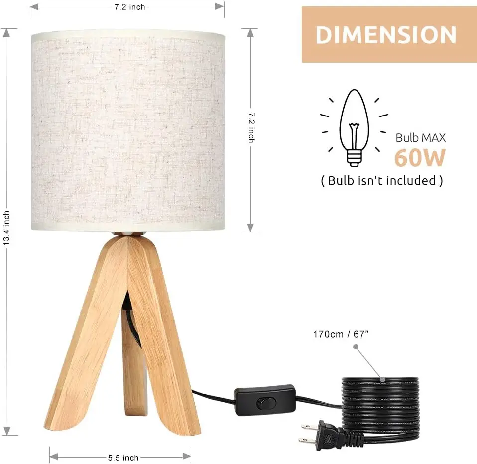 Petite lampe de table de chevet avec trépied en bois, lampe de chevet pour chambre à coucher, salon, bureau, maison avec abat-jour en tissu de lin