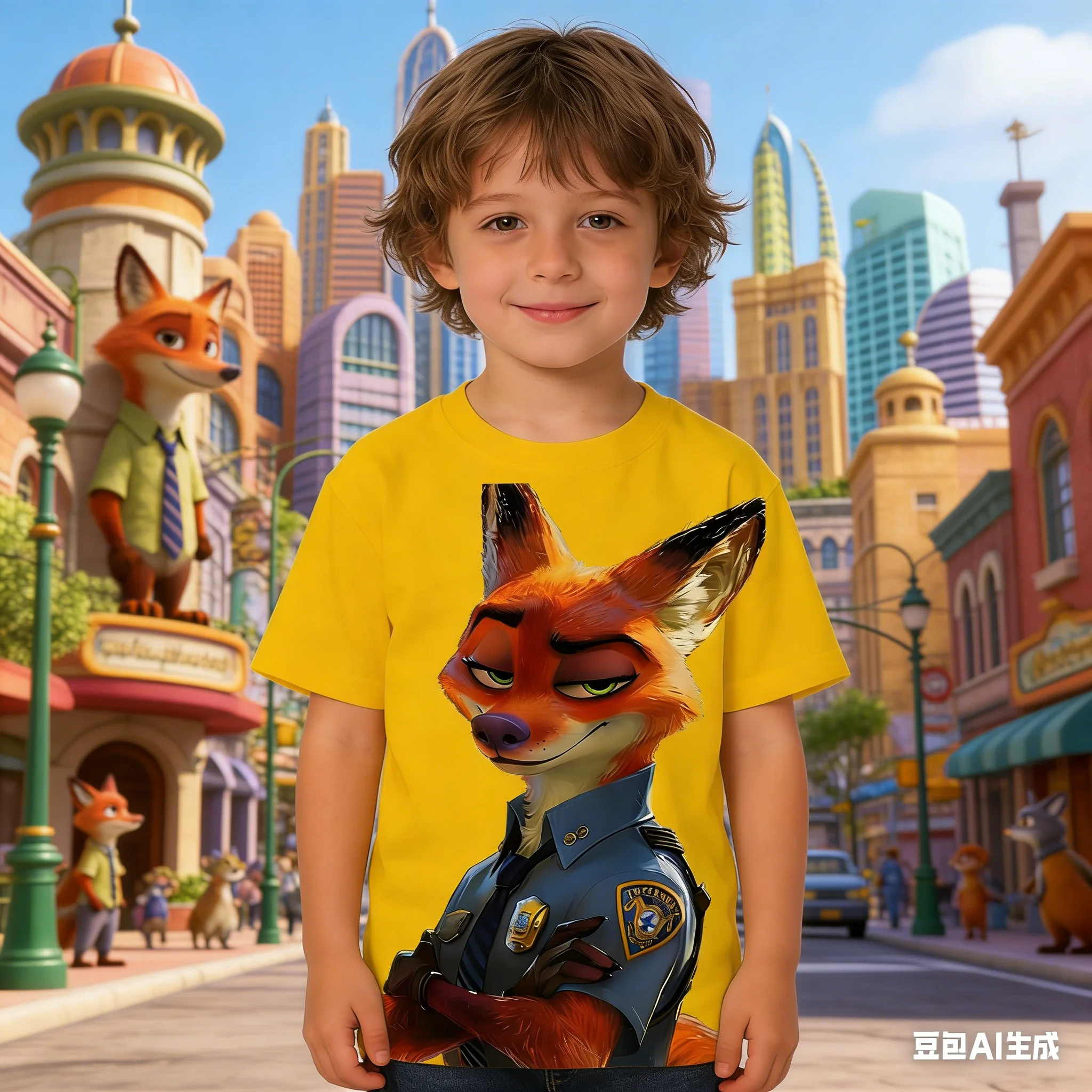 

Детская футболка с рисунком аниме Disney Zootopia 2, детская футболка с принтом Nick Wilde, футболка с рисунком для мальчиков и девочек, летняя повседневная одежда