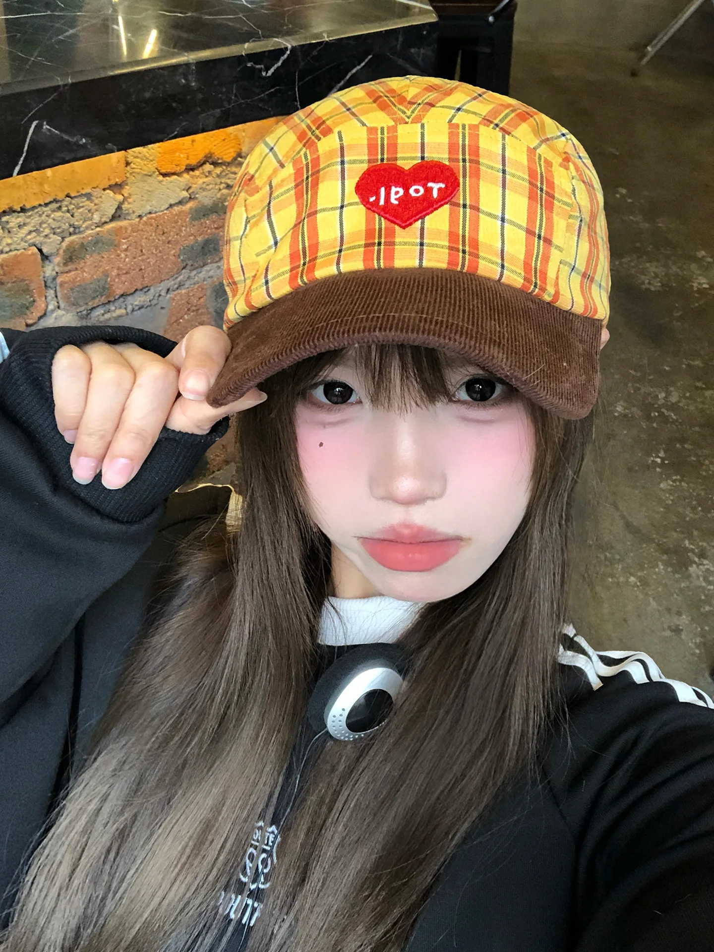 Korean Style Embroidered Heart Yellow Plaid Splicing Baseball Cap Women's Autumn Winter Vintage Face Slimming Hat Adjustable ...