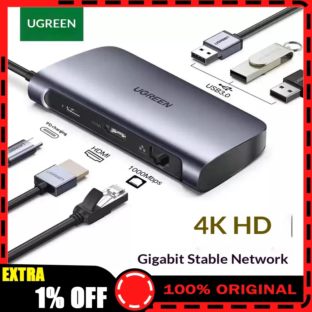 UGREEN 50771 6 in 1 USB C Hub 4K HDMI Gigabit Ethernet 60W PD 3 USB 3.0 Multiport Adapter for MacBook Laptop Tablet