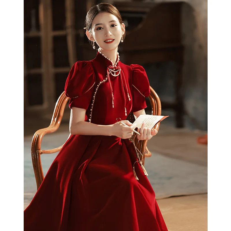 New Chinese Style Red Velvet Qipao Engagement Wedding Bridal Dress Traditional Mandarin Collar Cheongsam Oversize 3XL Vestidos