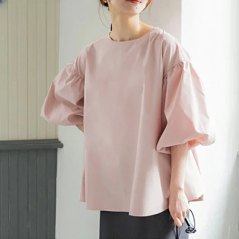 Hot New Blouses Women Tops Lantern Sleeve Solid Spring Summer Shirts Japan Style Vintage Loose Elegant Casual Short Coat