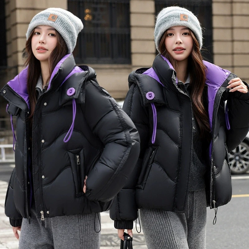 

Fashion Large-sized Women Winter Jacket Coat 2025 New Contrasting Color Hooded Drawstring Down Cotton Jacket Female Outerwear
