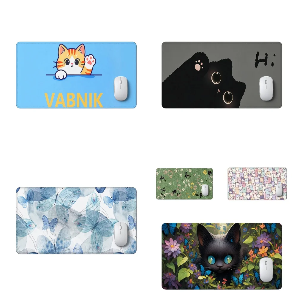 Aesthetic Animal Floral Desk Mat Orange Tabby Black Cat Blue Butterfly Print Anti-slip Extended Large Mouse Pad Keyboard 260928B