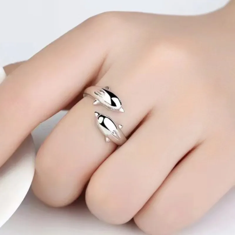 Silver Color Double Dolphin Love Rings for Women Couple Ring Statement Party Jewelry Accessories Gifts