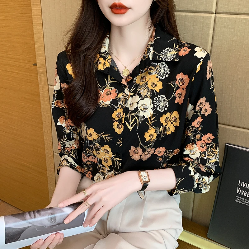 Women Spring Korean Fashion Loose Printing Appear Thin Polo-Neck Long Sleeve Shirts Women Clothes Casual All-match Elegant Tops