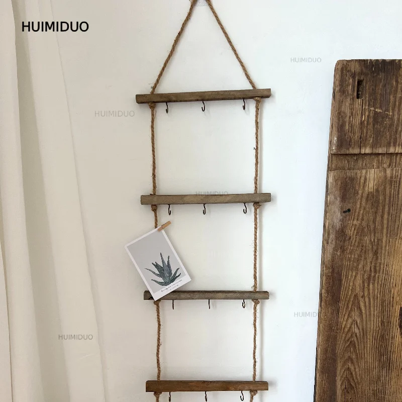 Trade Export Old Wood Five-layer Retro Old Wooden Stick Wall Hanging Flower Stand Pastoral Hemp Rope Garden Groceries