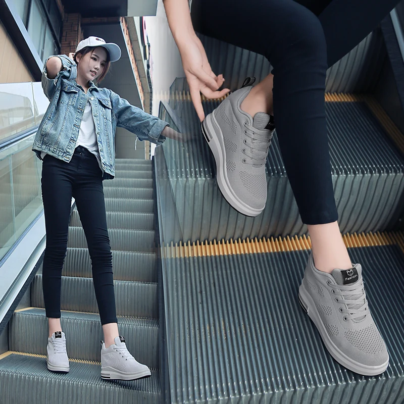 2024 Women Spring Casual Platform Shoes Fashion High Heels Woman Wedges Sneakers Shoes 8.5CM Heigh Increasing Outdoor White Shoe