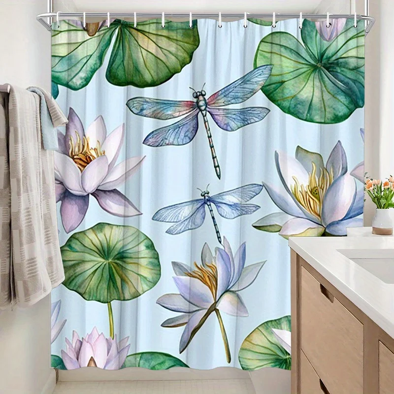 Water Lilies and Dragonflies Shower Curtain - Water-Resistant, Easy to Clean, Adds a Serene and Natural Touch to Your Bathroom
