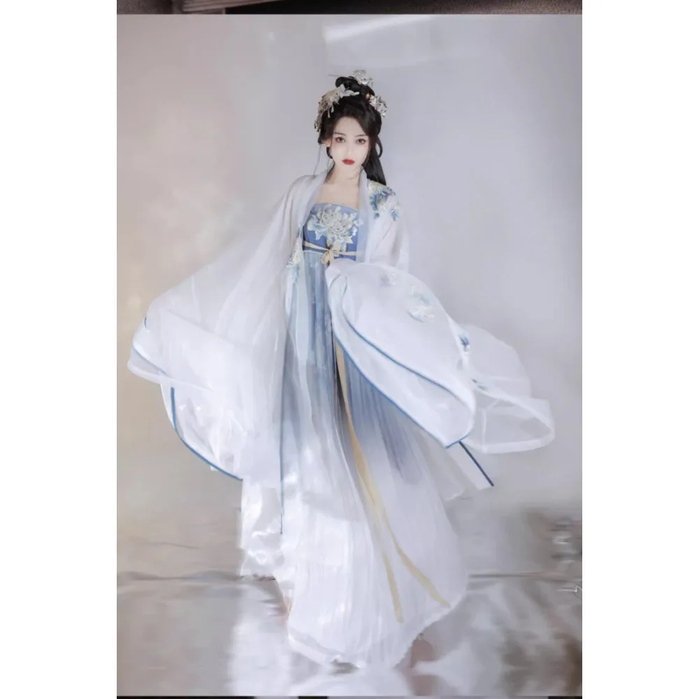 YanShanTing Chinese Robe Traditional Disfraz China Mujer  Embroidery Hanfu Tang Dynasty Wedding White Dress Net Gauze Skirt