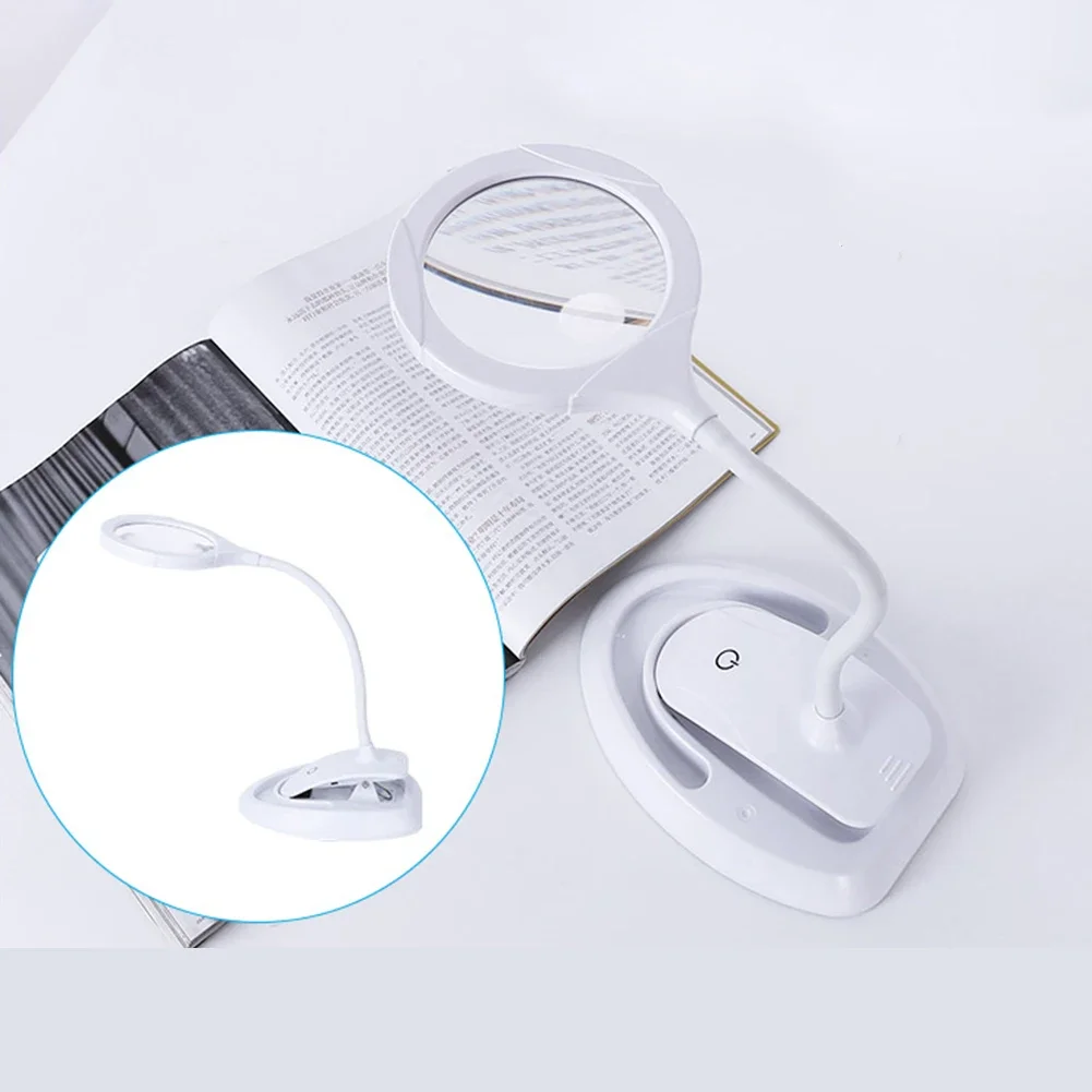 5x 10x Illuminated Reading Magnifier with 3 LED Lamp Desktop Clip Loupe Glass Jewelry Banknote Inspection Magnifying Tool