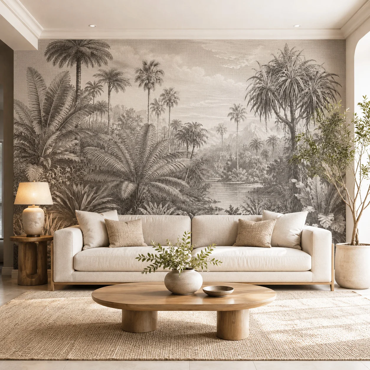 Vintage Tropical Jungle Self Adhesive Wallpaper Sepia Palm Forest Wall Mural Peel and Stick Bedroom Living Room House Wall Decor