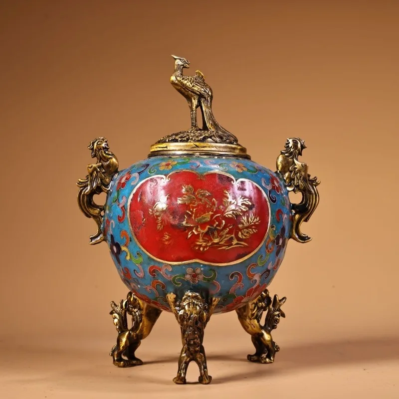 Cloisonne Enamel Incense Burner, Phoenix Lid Lion Handle Censer Tripod Chinese Antique Incense Holder Feng Shui Home Decor