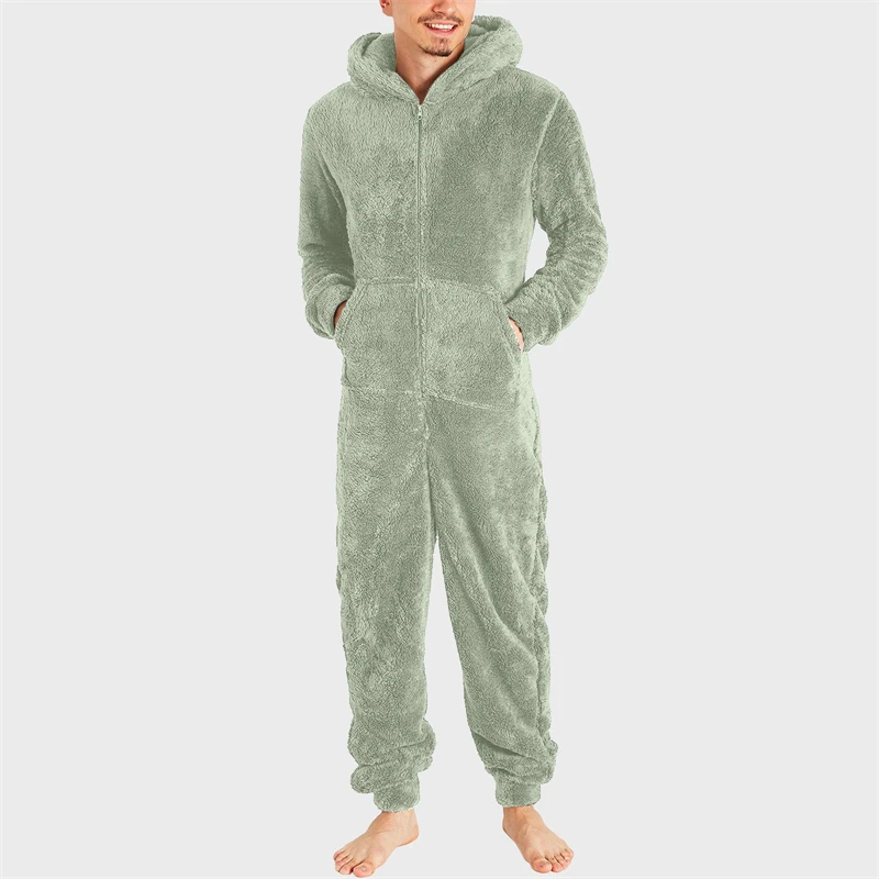 Men Sleepwear Artificial Wool Long Sleeve Pajamas Casual Solid Zipper Loose Hooded Jumpsuit Pajamas Casual Winter Warm Homewear