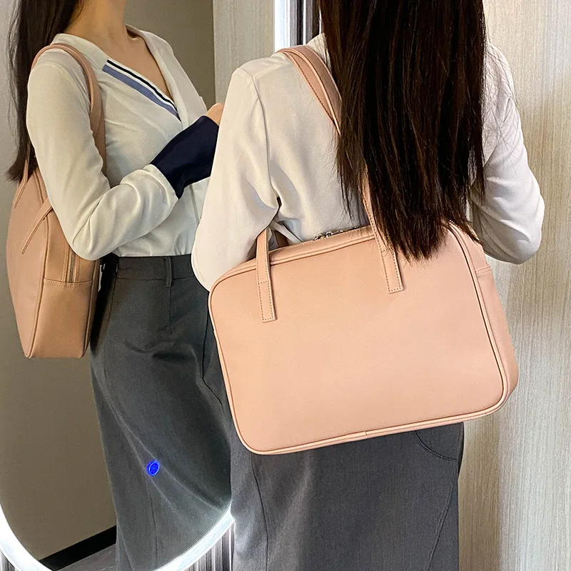 Korean retro soft leather solid color zipper large capacity shoulder bag commuting briefcase leisure college style women\'s bag