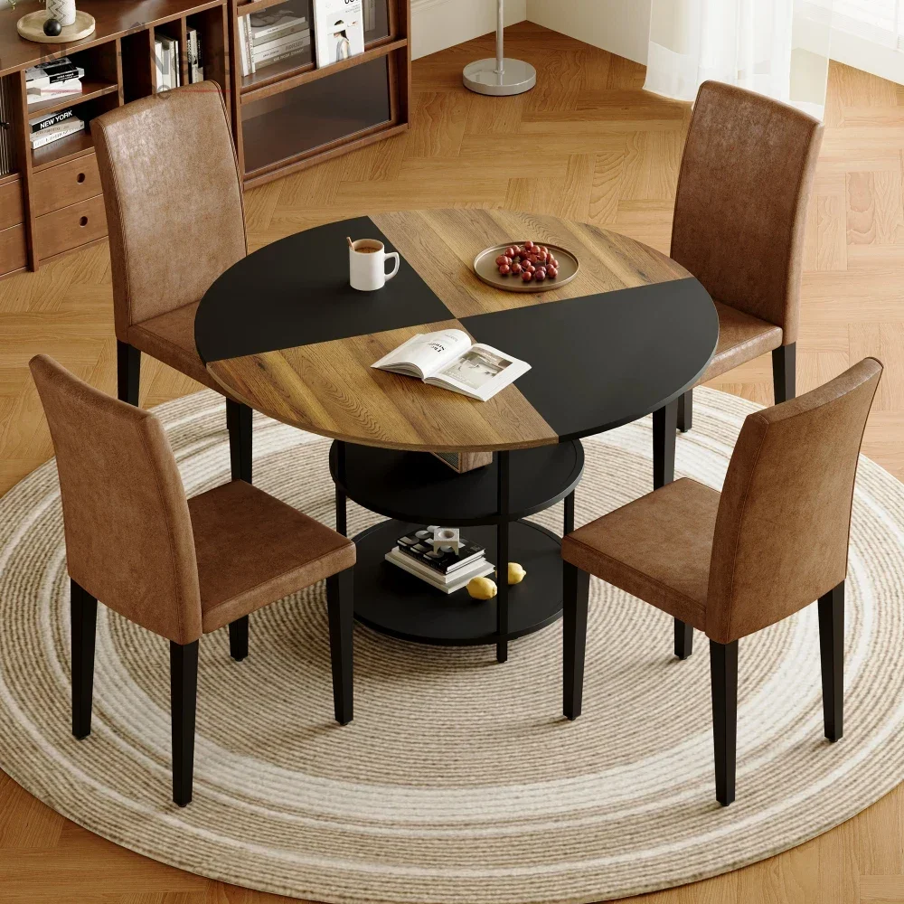 

Table and Chair Set，A 47.3-inch Diameter Modern Spliced Color Circular Dining Table with 4 Brown Technology Fabric Dining Chairs