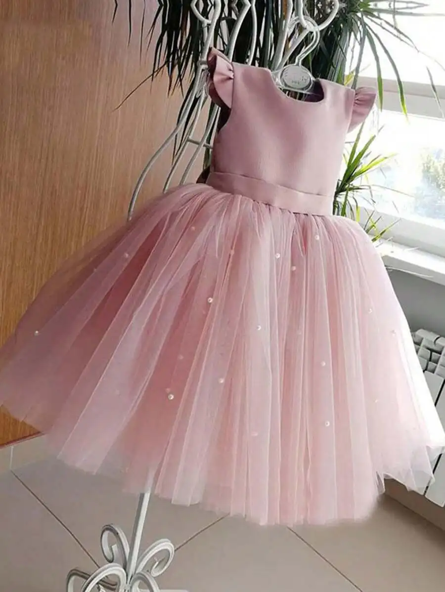 

Elegant Pink Tulle Ball Gown Dress With Pearl Embellishments For Formal Evening Cocktail Party Prom