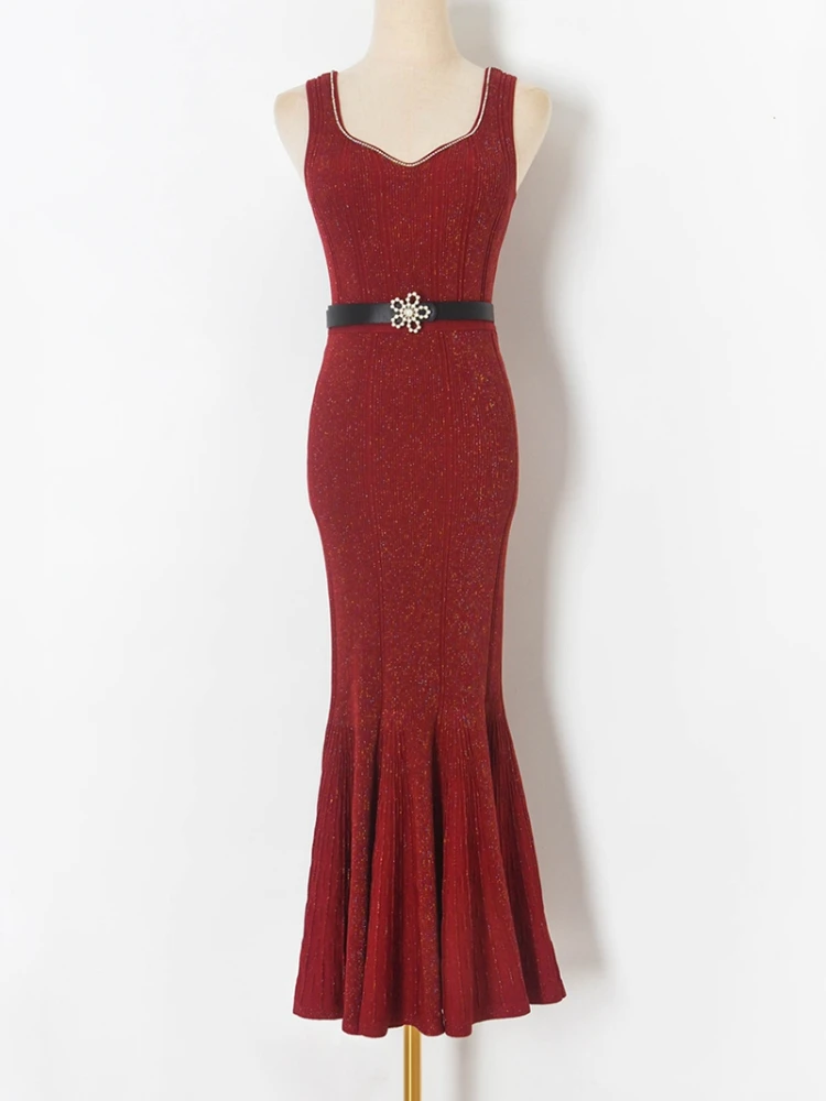 Autumn New Wine Red Slim-fitting Sleeveless Vest Knitted Dress Women Sexy Gold Thread Diamonds Beaded Long Fishtail Tank Dresses