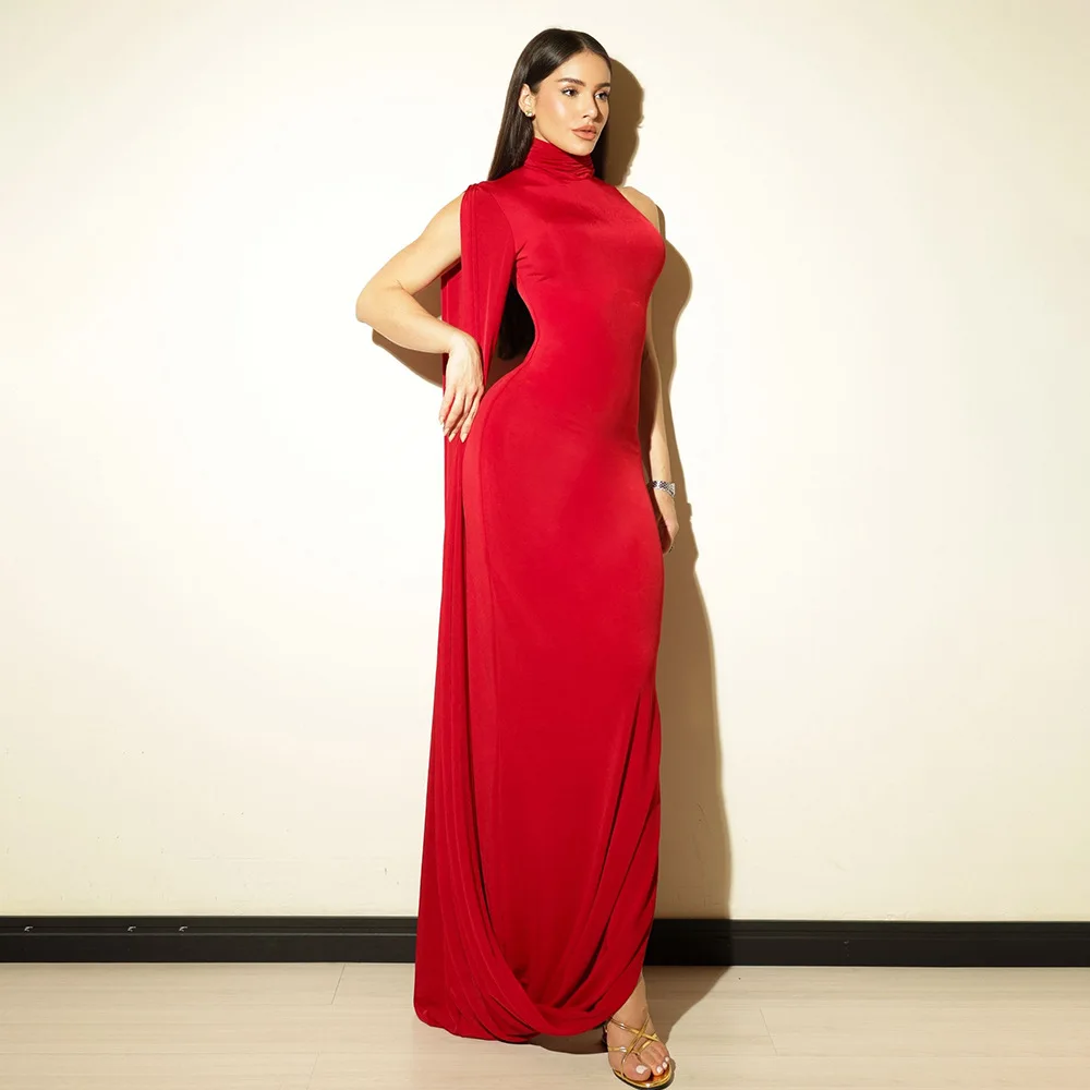 FL Elegant And Stylish Women's Dress With Pure Color Semi-High Neck Off-Shoulder Fitted Waist Sexy And Fashionable Slit Design