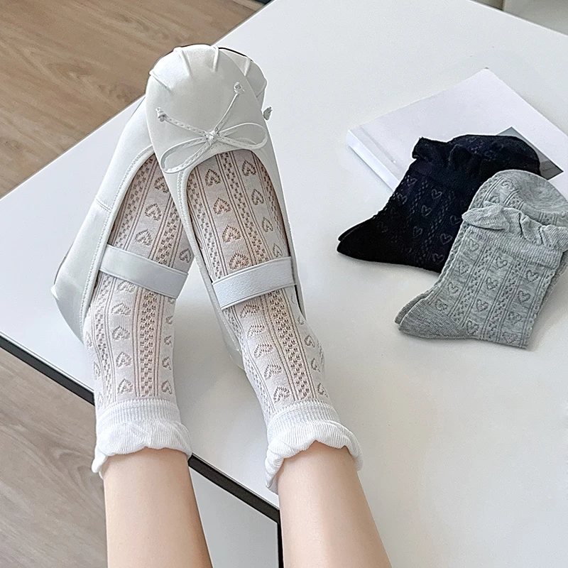 Women\'s Socks Cute New Simple Hollow Out Sweet Girls Thin Socks Summer Breathable Frilly Ruffle Crew Socks Female Solid Color