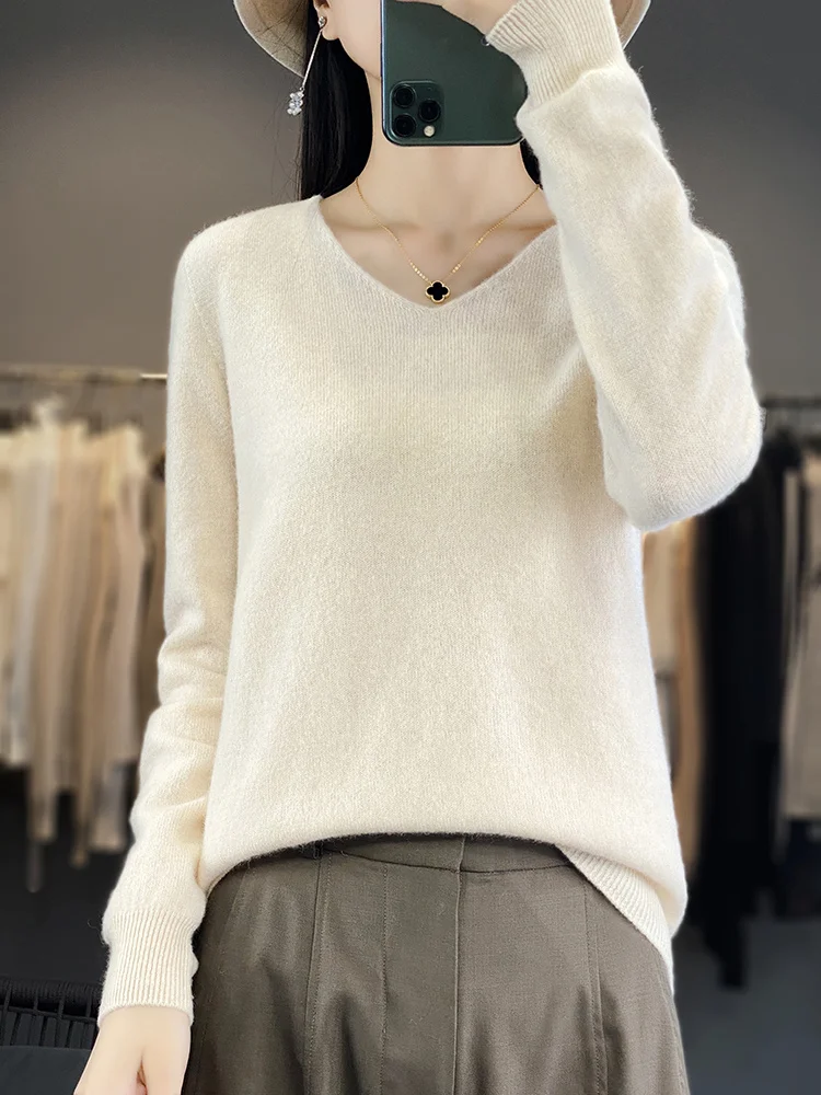 Fashion 100% Merino Wool Sweater Basic Cashmere Women Knitwear Pullover V-Neck Long Sleeve Autumn Winter Clothing Tops