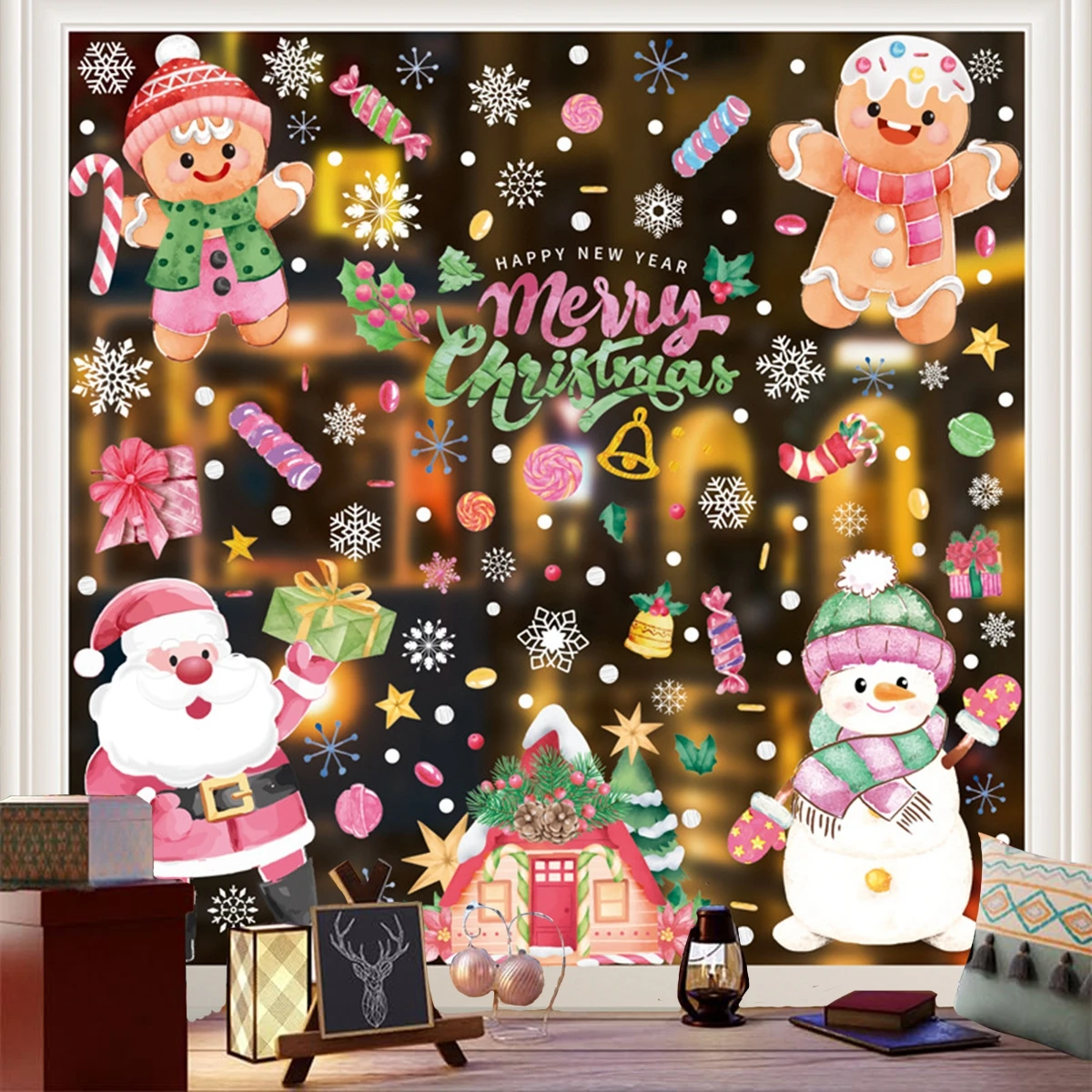 Christmas Cartoon Window Sticker Christmas Decor for Home 2024 Xmas Window Sticker Ornaments Navidad Natal New Year Gift 2025