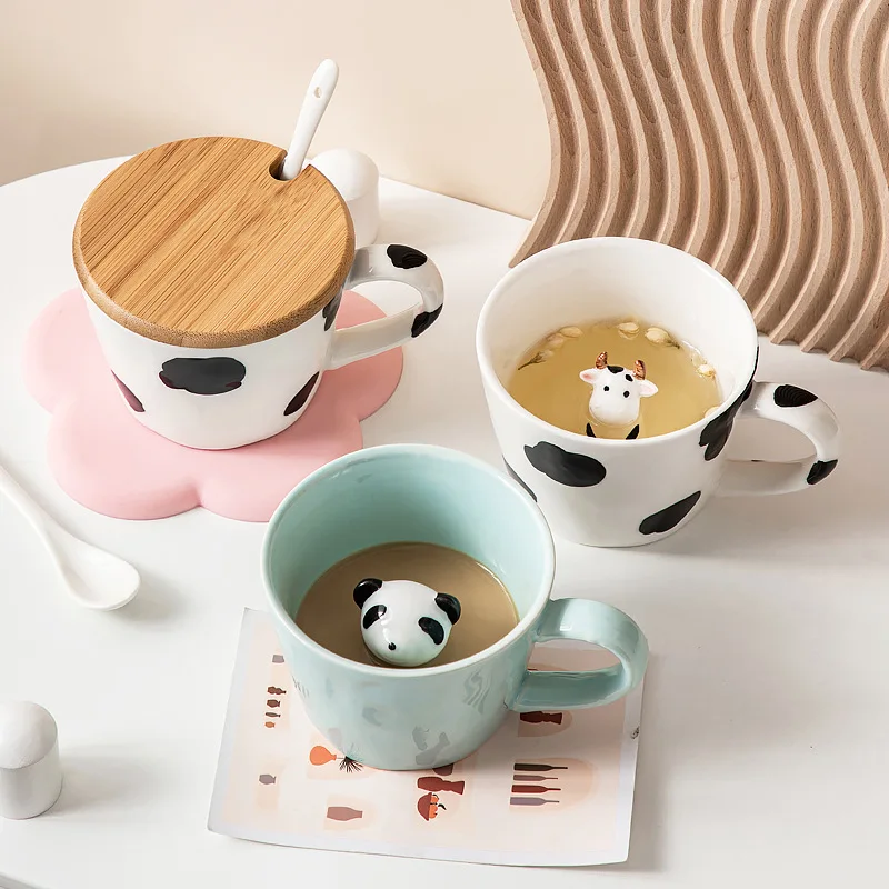 Cartoon Ceramic Coffee Cup Three-dimensional Panda Decoration Mug with Lid Spoon Exquisite Home Breakfast Milk Mug Kids Gift New