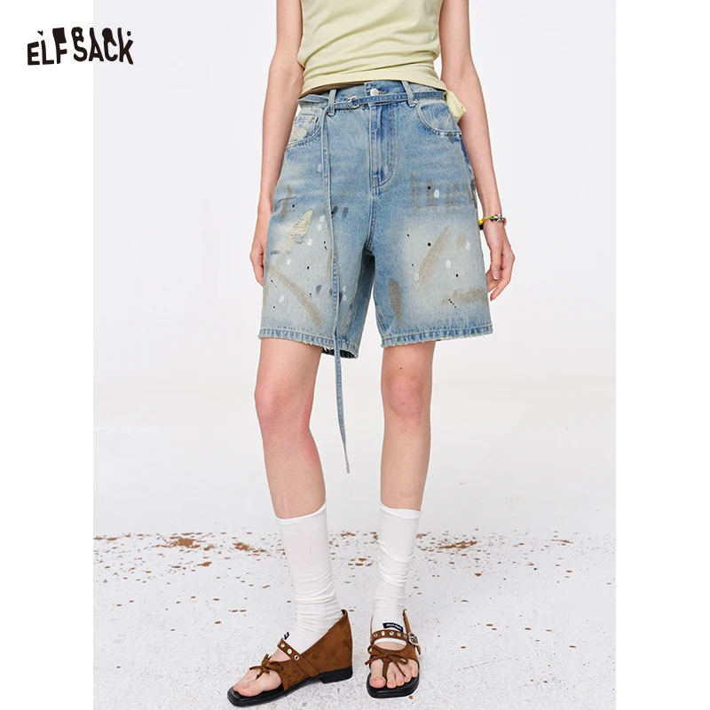 

ELFSACK Washed Distressed Denim Shorts, Paint Splatter Belted Wide-Leg Jean Shorts, Y2K Streetwear Casual Pants