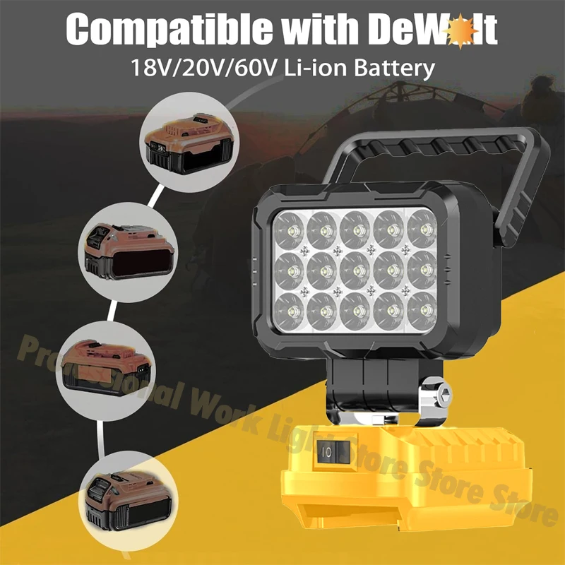 ل ديوالت 18 فولت بطارية المحمولة LED ضوء العمل مع منفذ USB 3 بوصة مصباح يدوي الأضواء الكاشفة اللاسلكي أداة خارجية مصباح