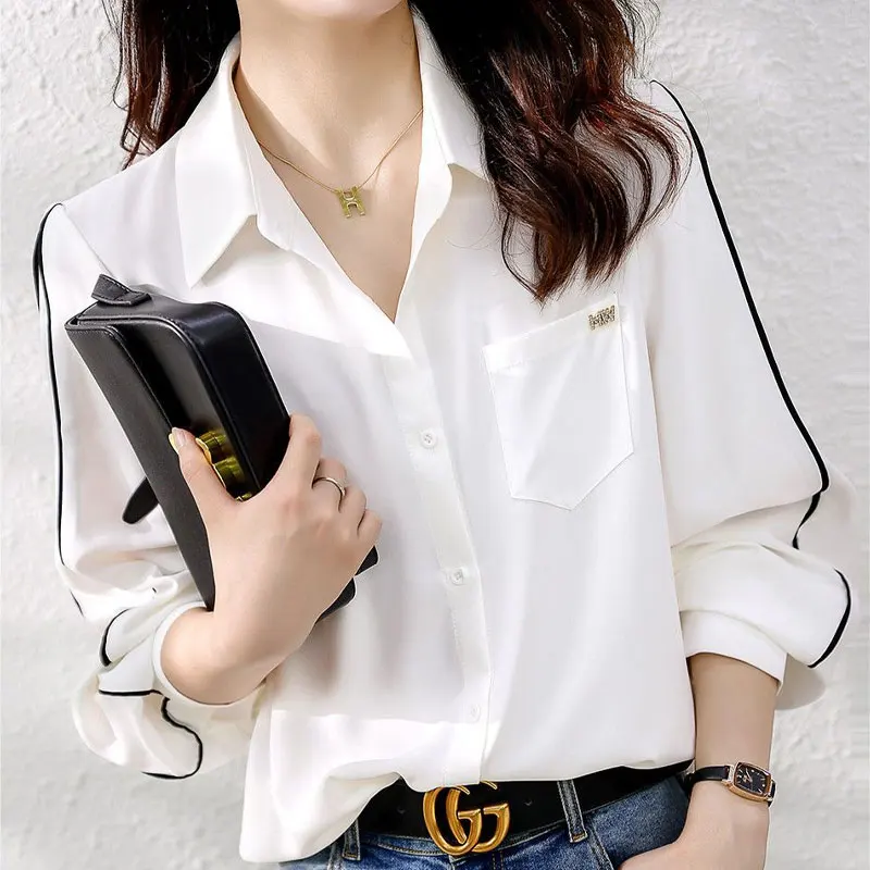 Office Lady Solid Color Polo-Neck Shirt Spring Autumn Bright Line Decoration Stylish Pockets Three-dimensional Decoration Blouse