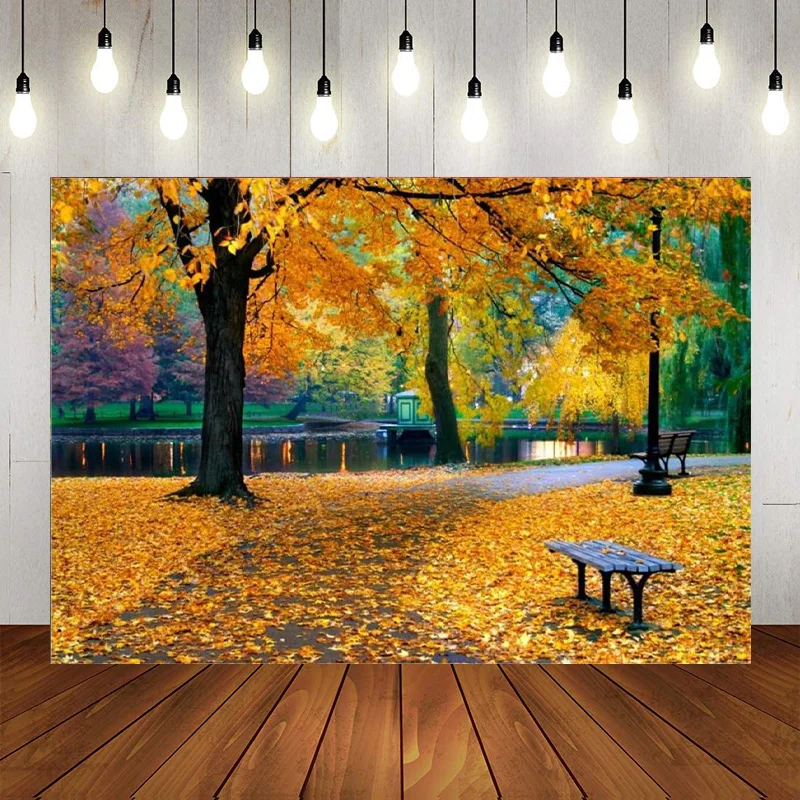 Autumn Forest Fall Thanksgiving Photography Backdrop Yellow Fallen Leaves Park Background picnic Banner Props Wallpaper