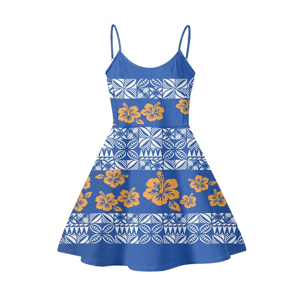 Summer Ladies Blue Mini Dress Sleeveless Slip Sexy Polynesian Tribal Clothing Samoa Fijian Tapa Hibiscus Flower For Women