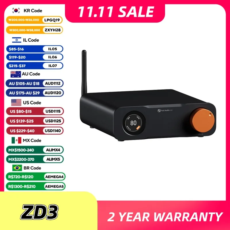 Fosi Audio ZD3 블루투스 USB 데스크탑 DAC ARC 입력, ES9039Q2M 리모컨이 포함된 스테레오 앰프용 완전 밸런스 디지털 디코더