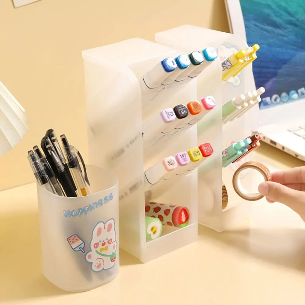 Cartoon Plastic Pen Holder Transparent Oblique Insertion Desktop Organizer High-capacity Frosted Stationery Storage Box Students