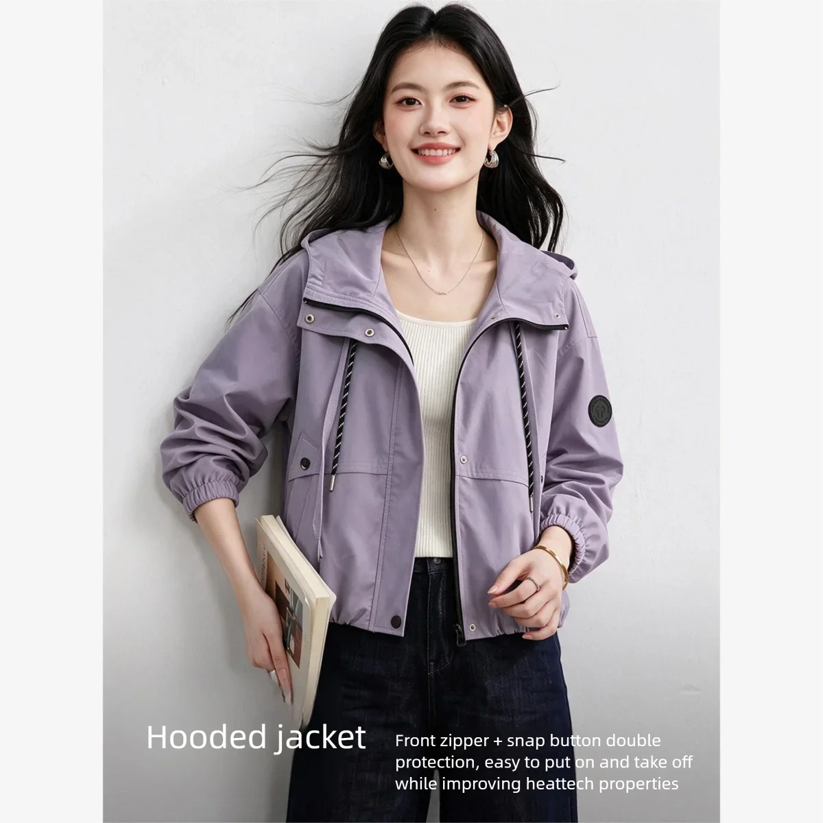 VIMLY Blue Women's Jacket Sports Casual Zip‑up Hooded Short Coat 2026 Autumn Fashion Windproof Loose-fit Outwears Female 31559