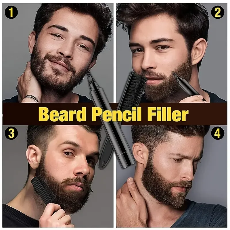 Pencil Filler For Men Black Brown 4-Tip Beard Pen Waterproof & Long Lasting Natural Makeup Detailing Filler Moustache & Eyebrows