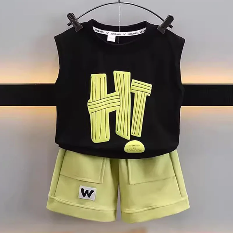 Conjunto de treino infantil Hi Letter, terno esportivo, colete de verão e calças curtas, roupa verde para criança, roupas de bebê menino, 2pcs,