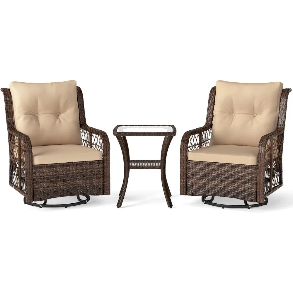

3-piece set of terrace swivel rocking chairs, 360 ° wicker terrace furniture, tempered glass coffee table