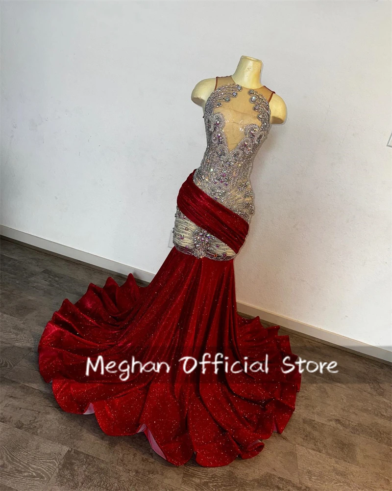 Red O Neck Long Prom Dresses For Black Girls Bead Crystal Rhinestone 2025 Birthday Luxury Dress Pleat Graduation Gown Customized