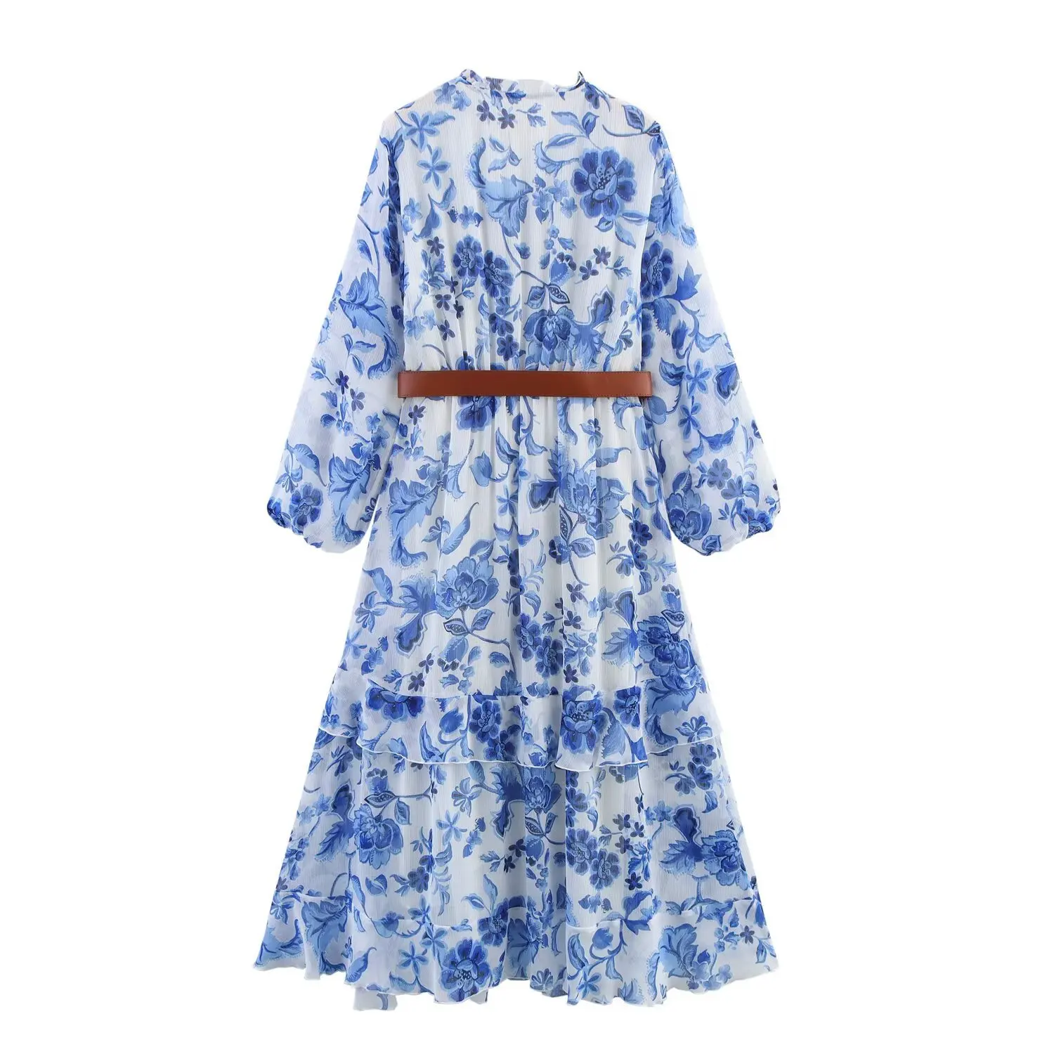 Women's clothing autumn new product elegant casual and fashionable printed pullover V-neck long-sleeved belt Midi dress