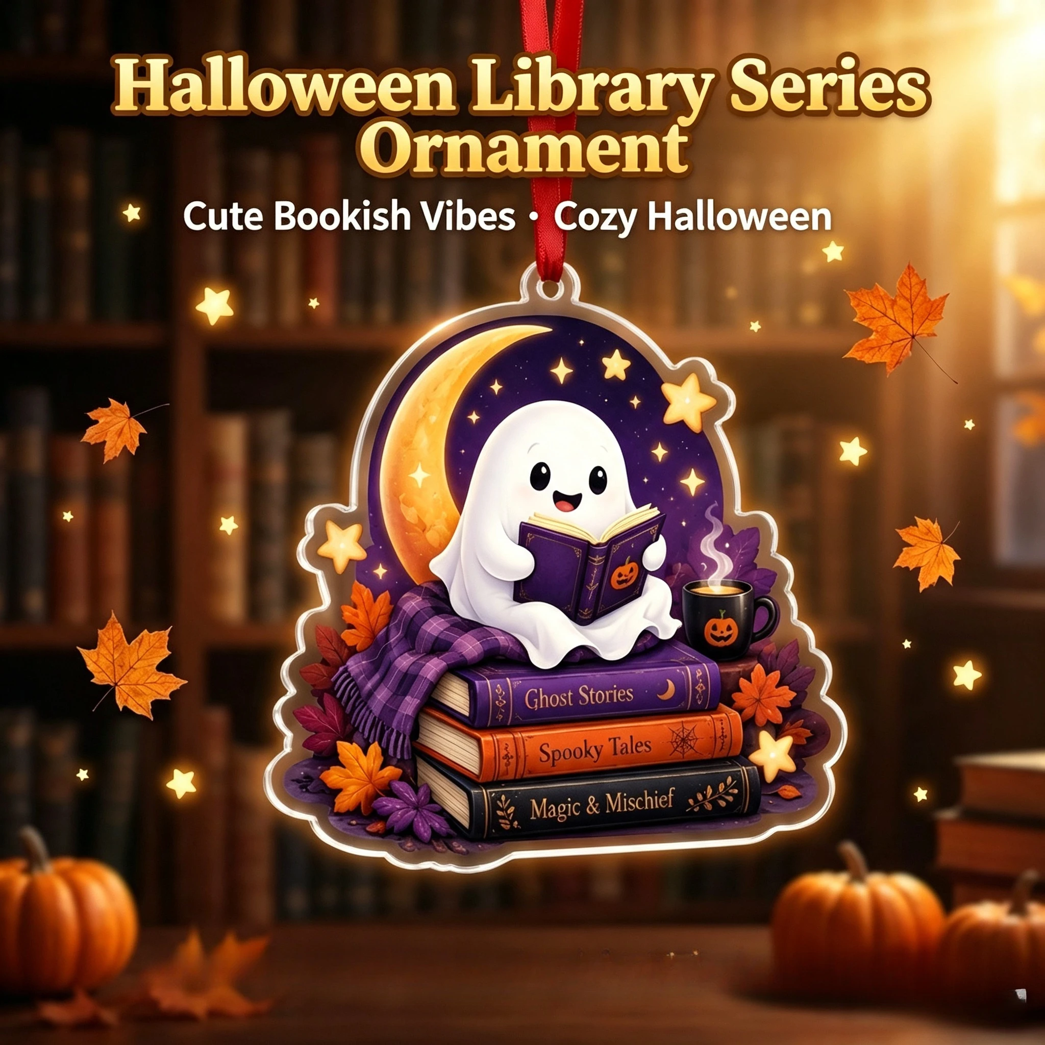 Halloween Bookshelf Hanging Pendant Ghost Reading Design Acrylic Ornament Library Reading Corner Wall Hanging FestivalGift Decor
