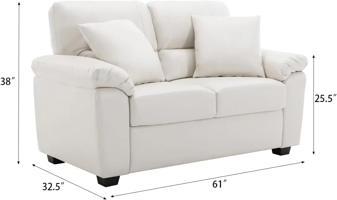 White Leather Love seat and Sofa Set, Modern Luxury and Comfy Furniture Sleeper Couches for Living Room