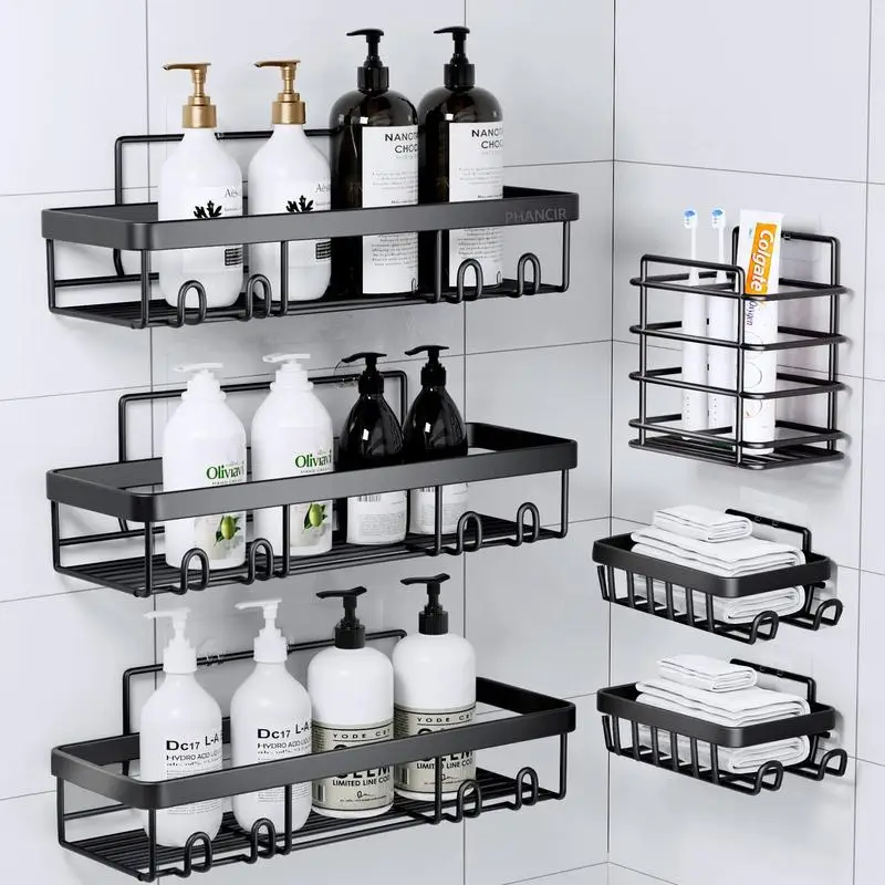 

PHANCIR 6 PCS Shower Caddy, No Drilling Bathroom Organizer with Soap Holder, Adhesive Bathroom Caddy, Black