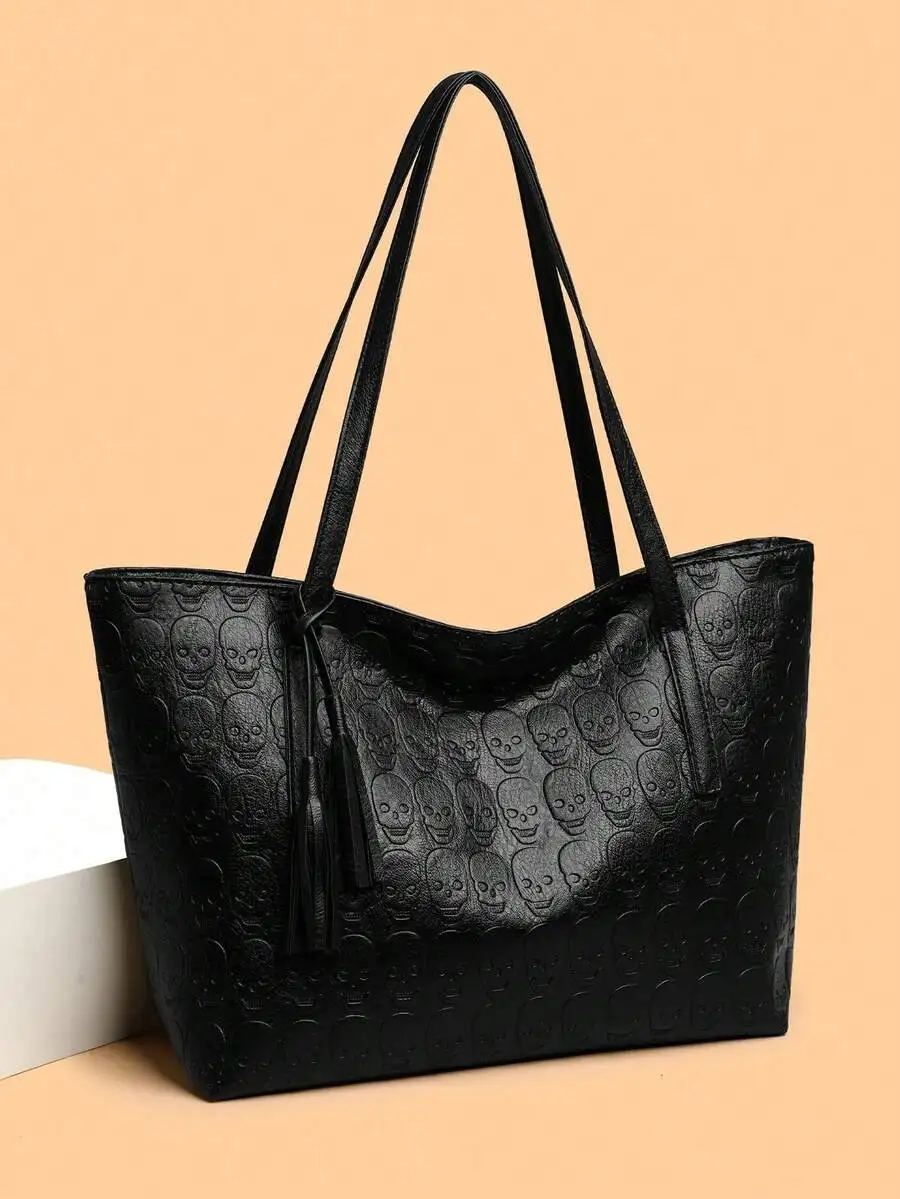 

Women's PU Skull Gothic Style Random Printed Tassel Accessories Large Capacity Fashionable And Versatile Outing Shoulder Tote Bag, New Fashionable Big Bags For Women