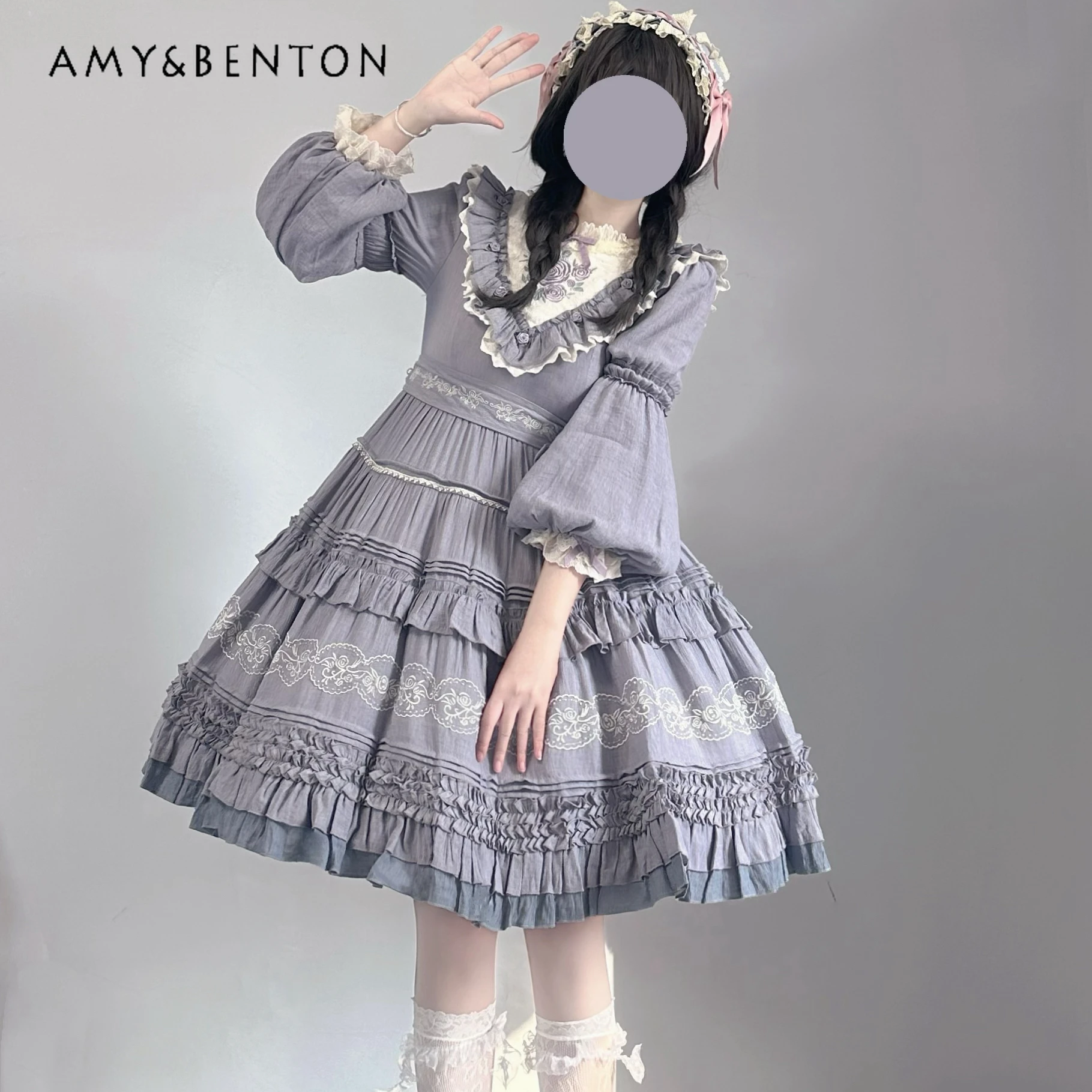 

Elegant Lolita Dress for Women Japanese Sweet Cute Girl Print Puff Sleeve Round Neck Kawaii Slim Fit Sexy Mini Ball Gown Dresses