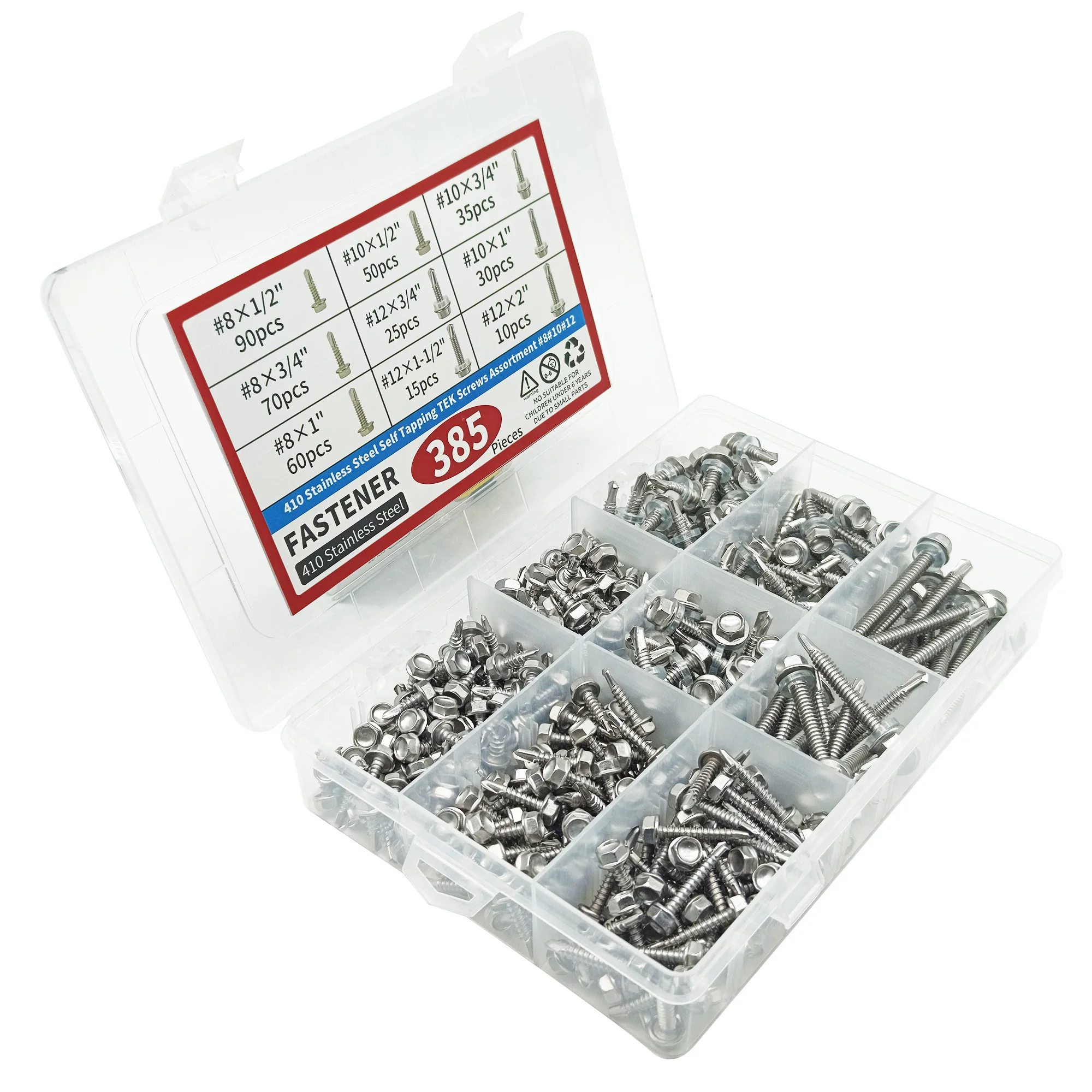 Imagem -05 - Auto Tapping Tek Parafusos Sortimento 410 10 12 Cabeça Hex Parafusos de Perfuração para Metal Comprimento Dentro para 385 Pcs Aço Inoxidável