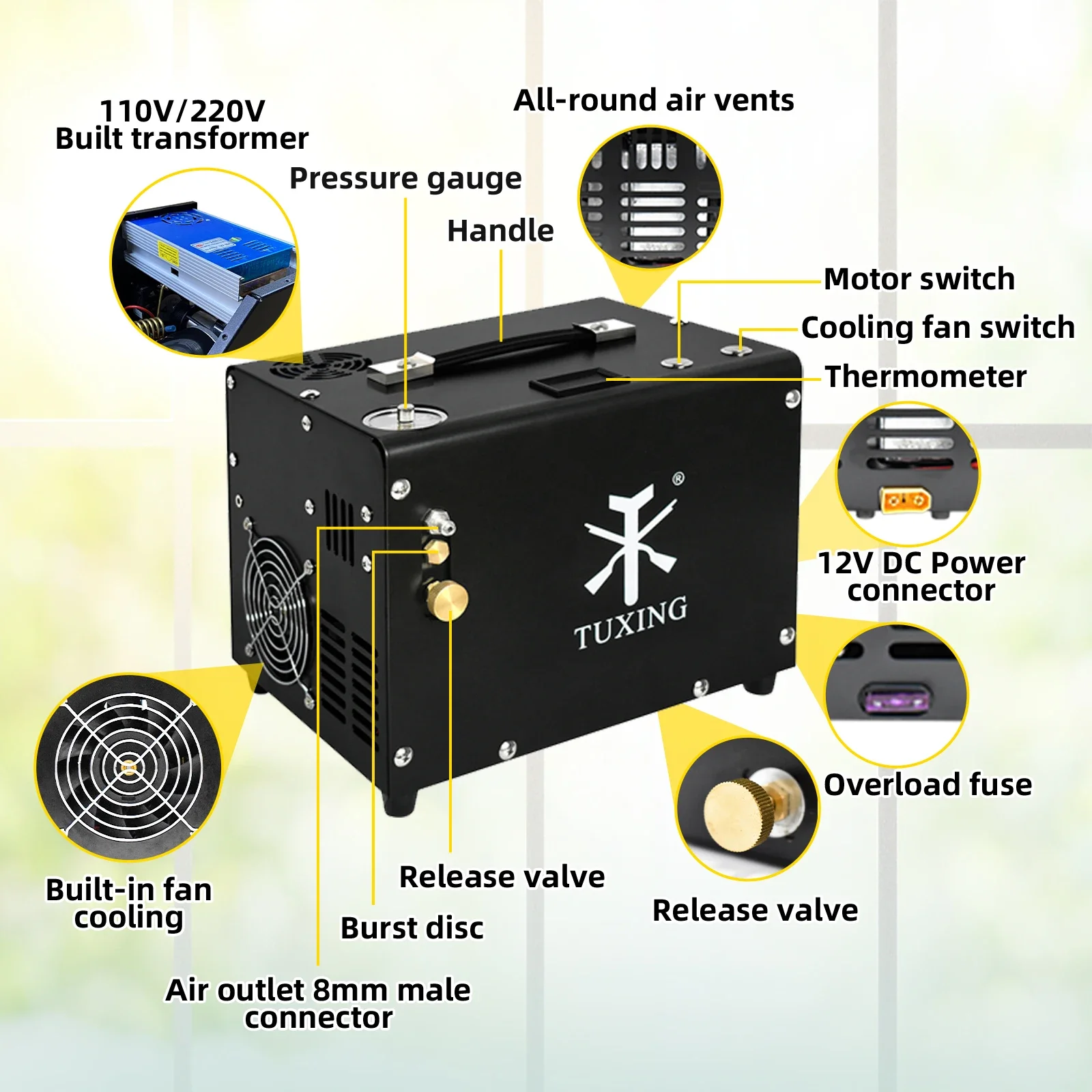 TUXING Hot Sale 12V 4500psi Manual Stop Oilless Temperature Control Built-in Transformer Snorkeling Hunting PCP Air Compressor