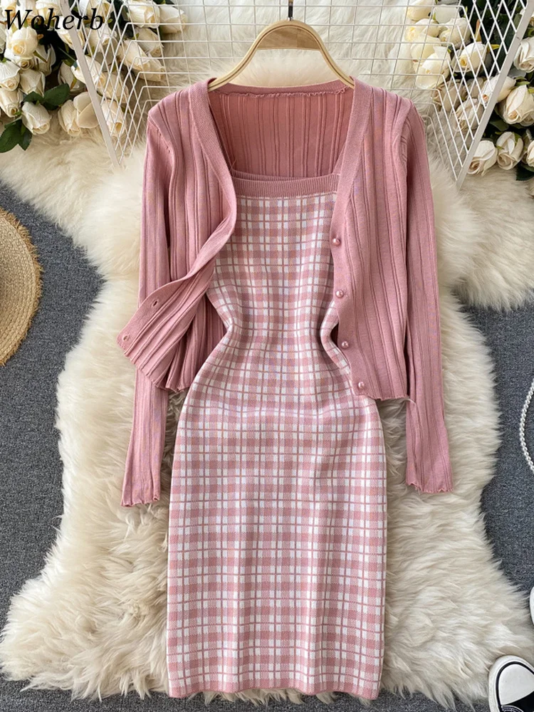 Elegant Dress Sets Women Spring Summer Y2k Cardigan +sleeveless Tank Dresses Korean Knitted Two Piece Set Chic Cute Outifits