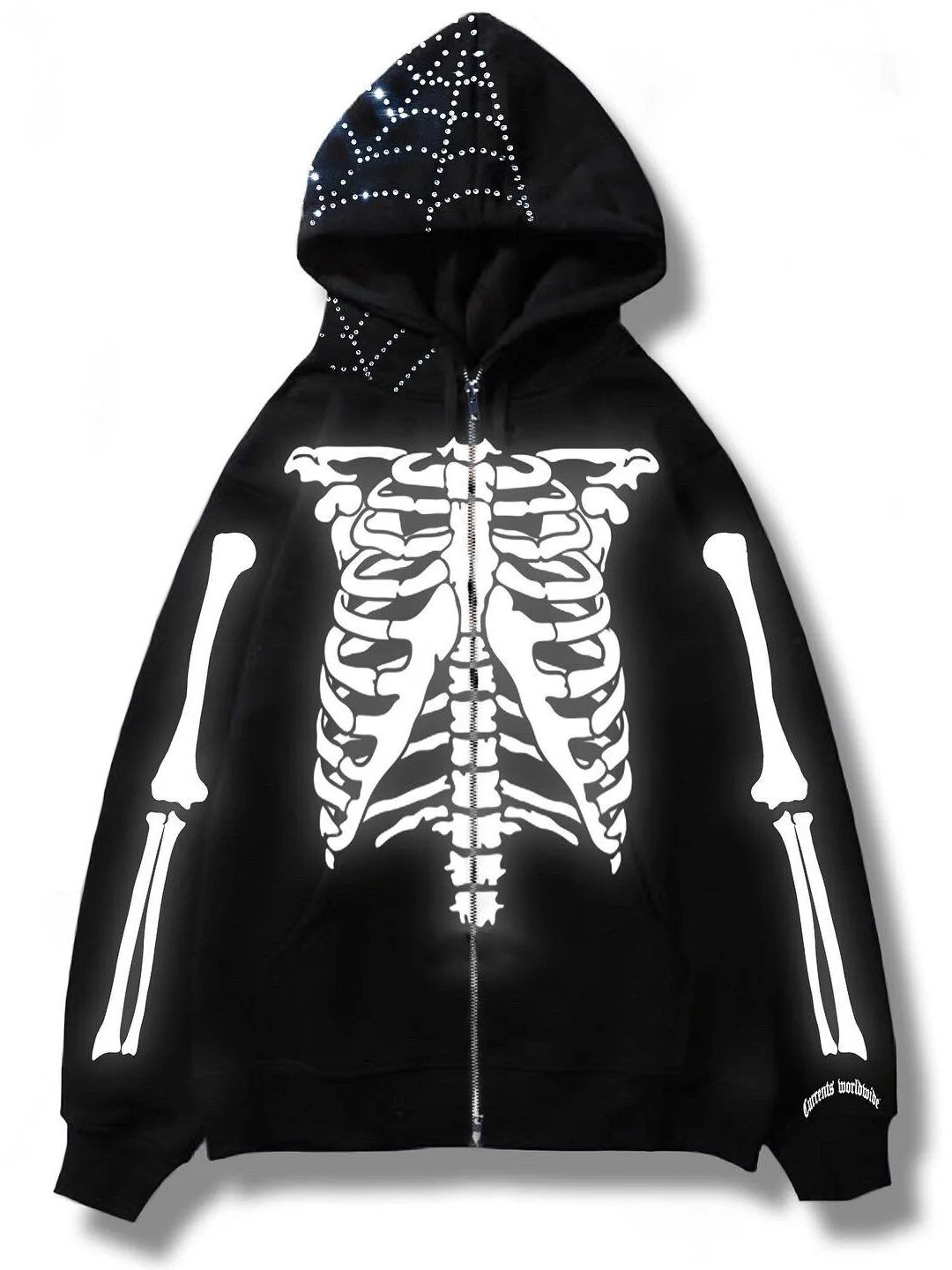 Sequins Hepburn Rhinestone Skeleton Printed Hoodie Coat Women Men Autumn Winter New Long Sleeve Hooded Sweatshirt Jacket Y2k Top